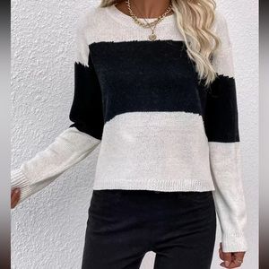 Black & White Semi Crop Sweater, Two-Toned Color Block Sweatshirt